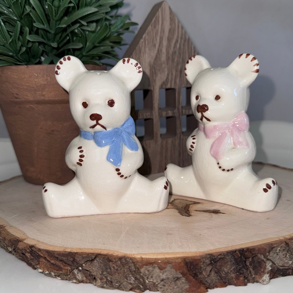 Vintage Ceramic Teddy Bear Salt and Pepper Shakers Blue and Pink Bow Set